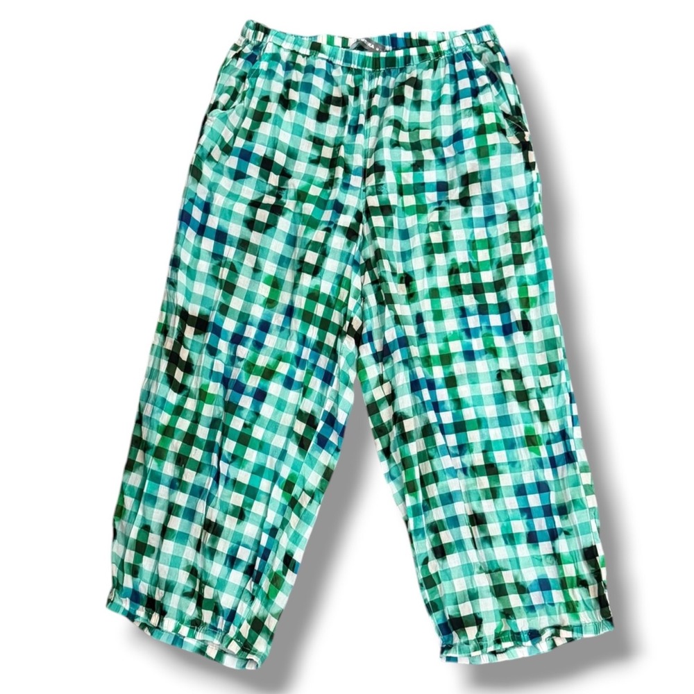 Alembika Artsy Green Gingham Check Cotton Cropped Pull On Pants Elastic Waist M